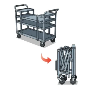 Illustration of a foldable equipment cart emphasizing its space-saving design for compact storage when not in use.