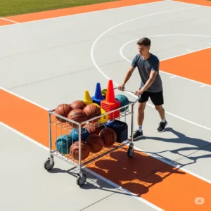 Foldable cart for transporting various sports equipment, highlighting its portability.