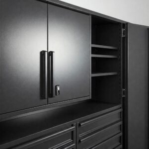 Detailed view of the hardware and features of a durable garage wall storage cabinet.
