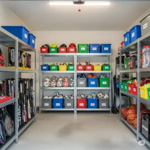 Organized garage with shelves and bins for easy sports equipment storage.