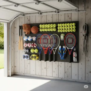 Tennis racket wall organizer in a garage setting, also holding tennis balls and other sports equipment.
