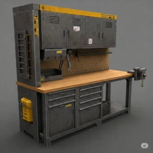 Illustration of a strong, heavy-duty cabinet paired with a robust workbench, suitable for demanding tasks.