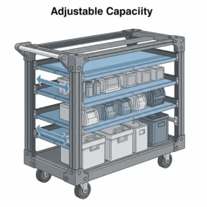  Industrial equipment cart illustration with adjustable shelves, showcasing its storage capacity for different sized items.