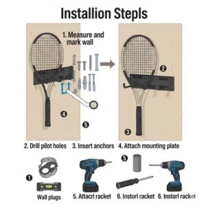 Illustration showing the simple steps to install a tennis racket wall mount on a wall with included hardware.