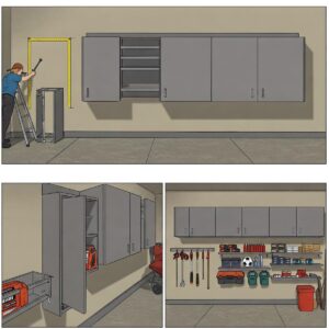  Illustration showing the process of installing sturdy garage wall storage cabinets.