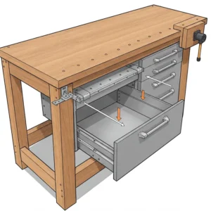 Diagram showing the process of securely installing metal drawers underneath a wooden workbench.
