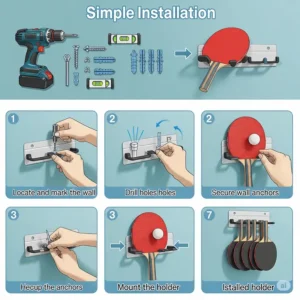 Illustration showing the easy installation process of a wall-mounted ping pong racket holder.