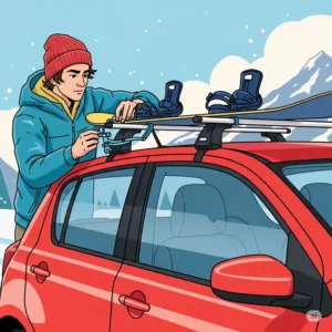 Illustration depicting a person installing or adjusting a snowboard roof rack on their car.