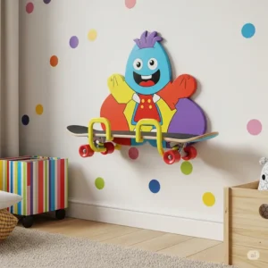 Colorful skateboard holder designed for a child's room.