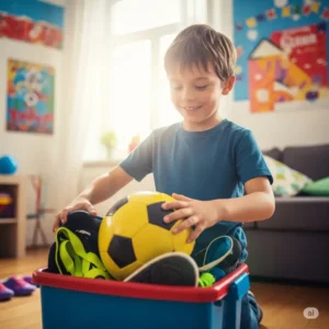 Child tidying up and storing their sports equipment after playing.