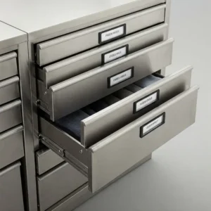 Organized stainless steel drawer cabinet with clear labels for easy content identification.