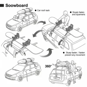 Diagram illustrating the process of safely loading a snowboard onto a car roof rack.