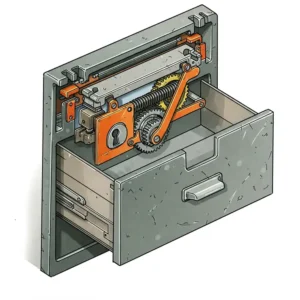 Illustration highlighting the secure locking feature of heavy-duty metal drawers for a workbench.