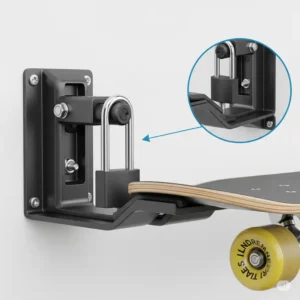 A secure skateboard wall mount featuring a locking mechanism for added safety.