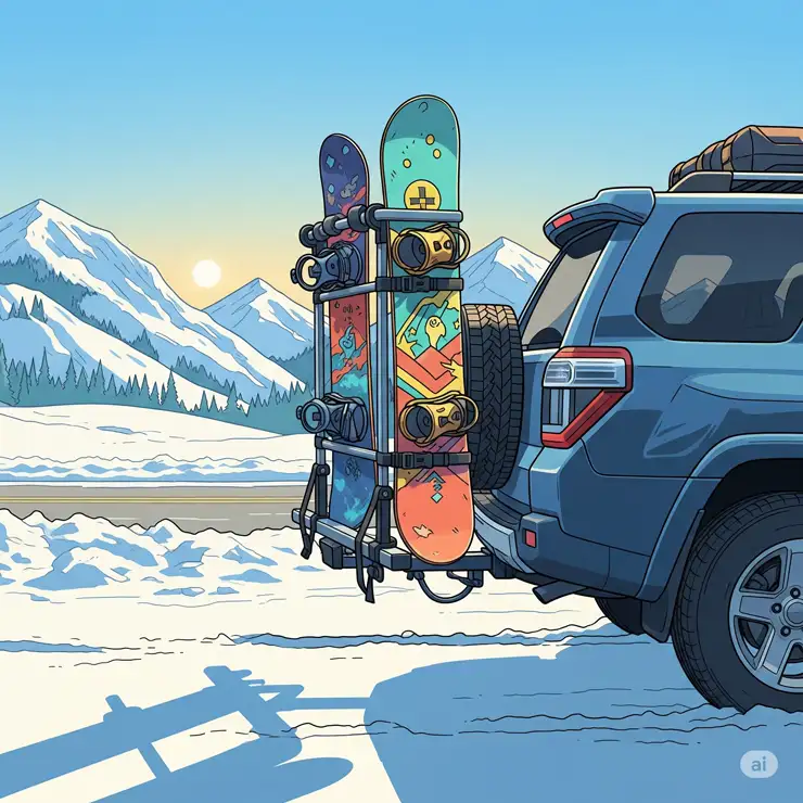 Close-up illustration showing the locking mechanism of a snowboard hitch rack, emphasizing security features.