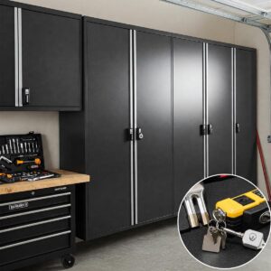 Secure locking mechanisms on steel wall cabinets designed for garage use.