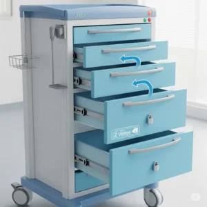  Medical equipment cart illustration featuring secure drawers for storing sensitive healthcare supplies.
