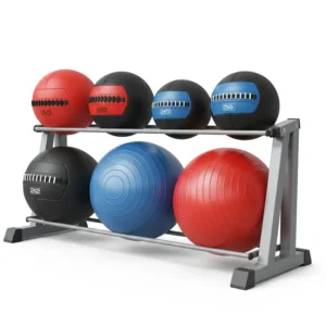 Close-up illustration of different sized medicine balls neatly organized on a rack.