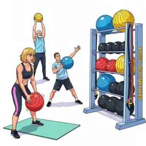 Illustration depicting a medicine ball rack with people performing various exercises using the stored balls.