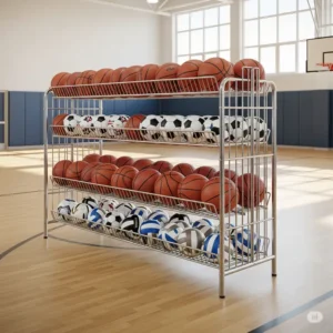 Durable metal ball rack in a gymnasium setting, showcasing its capacity for multiple balls.