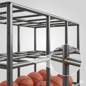 Illustration highlighting a sturdy metal basketball storage rack, emphasizing its durability and construction.