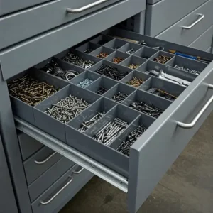 Organized metal parts cabinet drawer with adjustable dividers for small components and tools.