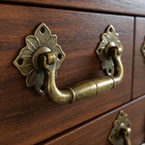 Close-up of sturdy metal drawer handles on a storage cabinet.
