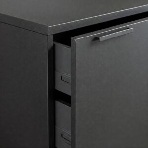 Durable metal construction of a cabinet featuring smooth-gliding drawers.