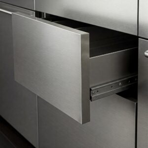 Close-up view of smooth-sliding drawers in a metal cabinet.