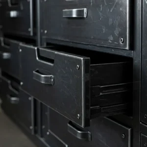 Close-up view of the sturdy drawers in a metal parts cabinet, highlighting their construction.