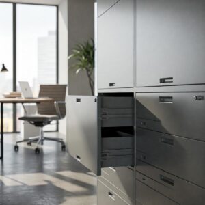 Metal cabinet with drawers providing efficient storage in a modern office environment.