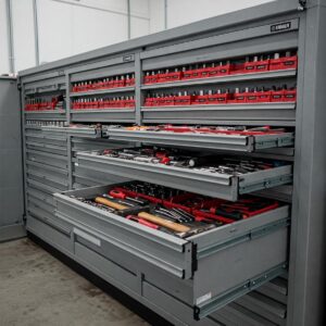 Organized contents within the drawers of a spacious metal cabinet.