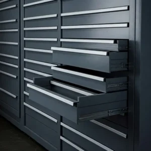 Metal parts cabinet featuring a variety of drawer depths and sizes for versatile storage solutions.