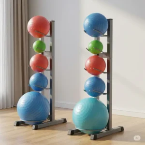 Durable metal exercise ball holder keeping fitness balls secure and off the floor.
