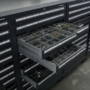 Metal parts cabinet with drawers efficiently organizing components in a workshop environment.