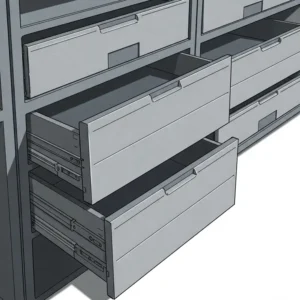 Close-up illustration of metal shelving drawers fully extended, showcasing storage capacity.