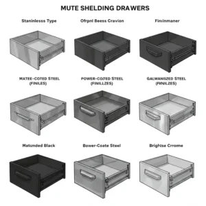 Illustration showcasing different material and finish options available for metal shelving drawers.