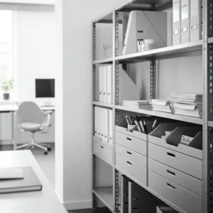 Metal shelving drawers used for document and supply organization in a modern office space.