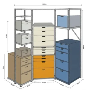 Illustration displaying various sizes of metal shelving drawers for diverse storage needs.