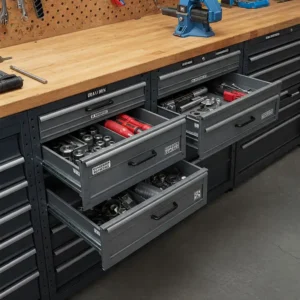 Metal shelving drawers in a workshop environment, highlighting their utility for tools and parts. 
