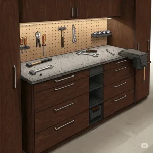 Illustration of a contemporary cabinet design incorporating a sleek and minimalist workbench surface