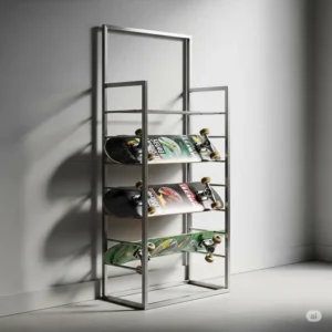 Modern and minimalist skateboard rack used for display.