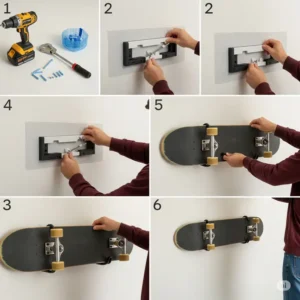Demonstration of how to mount a skateboard onto a sturdy wall mount system.