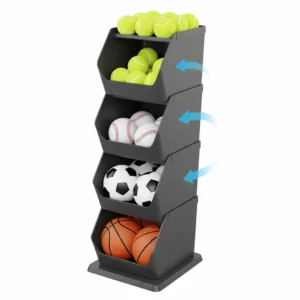 Multi-tiered ball rack illustration showing efficient vertical storage for different sized balls.