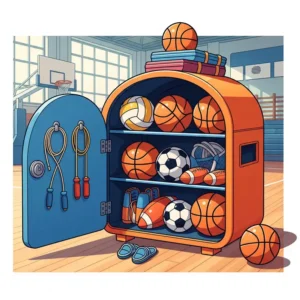 An illustration showcasing a basketball storage unit with the capacity to hold several basketballs and other sports equipment. 