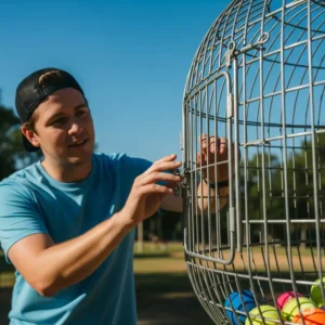 Drawing of a person reaching to open the latch of a ball cage.