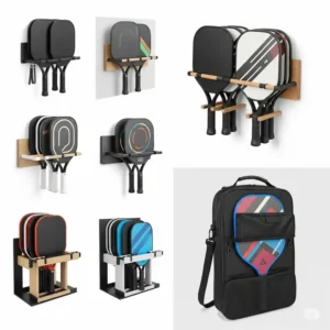 Various types of pickleball racket holders, including wall-mounted and portable options.