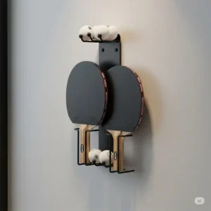 A practical ping pong racket holder displaying paddles and balls, ready for your next game.
