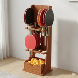 Ping pong racket holder designed to store multiple paddles and balls neatly.