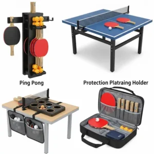 Different types of ping pong racket holders including wall-mounted, tabletop, and case options.